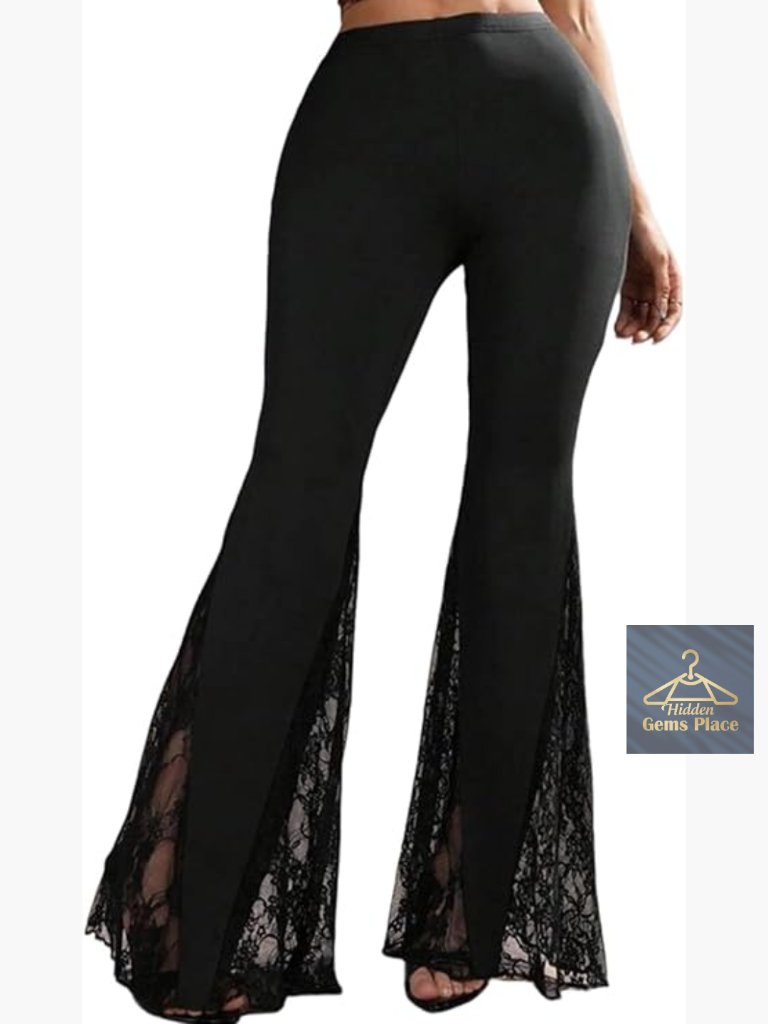 High Waist Flare Palazzo Pants With Lace Trim, Polyester Stretch Fabric, Y2k
